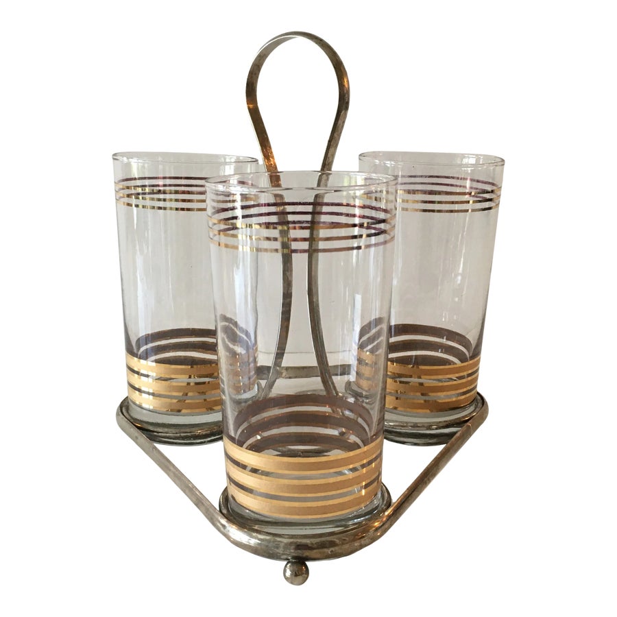 Mid - Century Hand - Painted Highball Cocktail Glasses in Original Silver  Metal Caddy - Set of 3 | Chairish