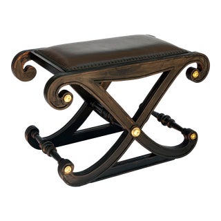 1990s Regency Style X Wood & Faux Leather Stool For Sale