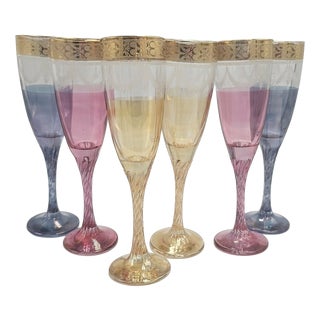 Murano Glass Champagne Glasses with Gold Rims, 1970s, Set of 6 For Sale