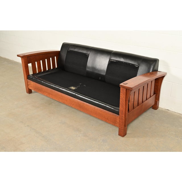 L. & J. G. Stickley Mission Oak Arts & Crafts Bow Arm Sofa For Sale - Image 9 of 13