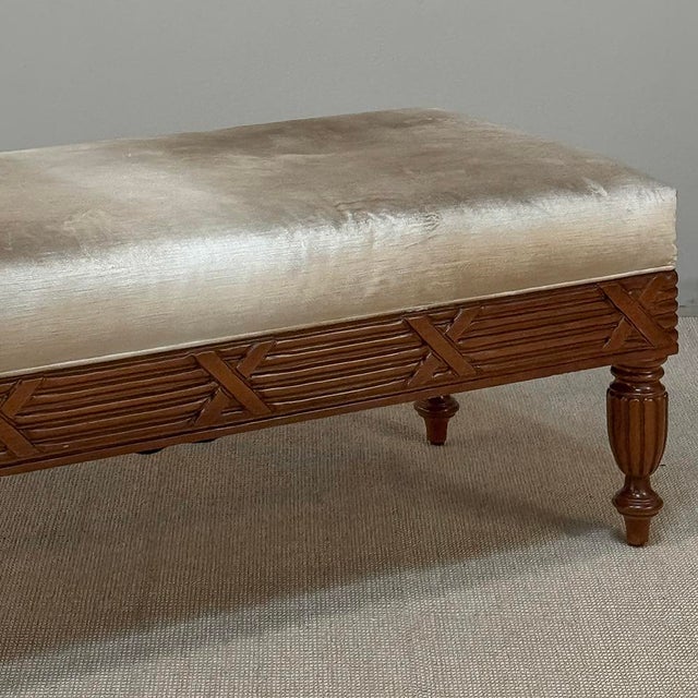 Wood Antique French Louis XVI Style Mahogany Upholstered Bench For Sale - Image 7 of 15