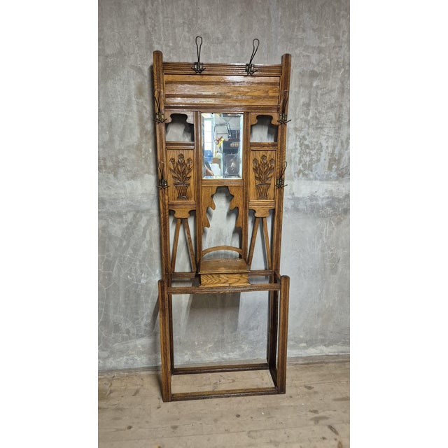 Metal Vintage Carved Oak Hall Tree with Mirror and Coat Hooks, 1940s For Sale - Image 7 of 17