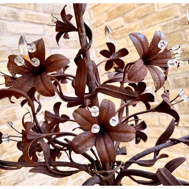 Vintage Italian Tôle Chandelier With Rustic Metal Leaves and Floral Motifs Accented With Crystals, 6 Lights. This...