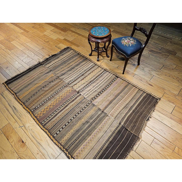 Antique Uzbek Tribal Soumak Kilim, Flat-Woven Wool, Stripe Pattern, Earth Tones, 5x8 For Sale - Image 12 of 14