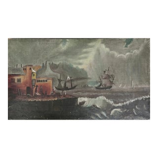 Antique 19th Century Primitive Folk Art Seascape With Sailboats, Oil on Canvas For Sale