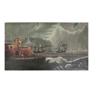 Antique 19th Century Primitive Folk Art Seascape With Sailboats, Oil on Canvas