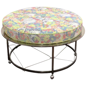 Mid Century Vintage Chrome Frame Ottoman With Pop Art Embossed Leather Upholstery