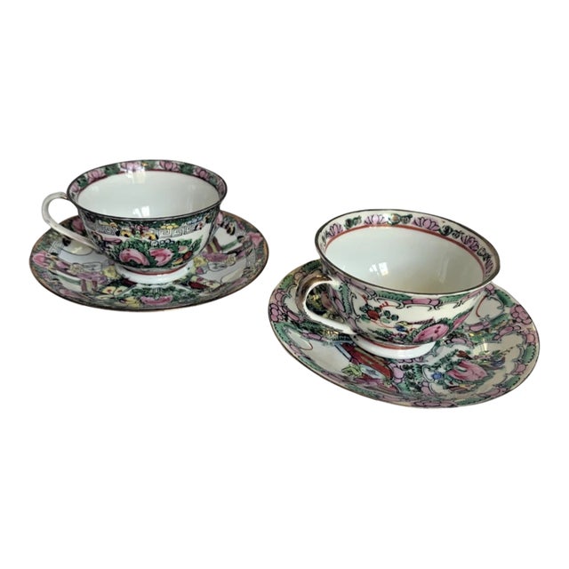 1940s Medallion Tea Cup & Saucer Sets Set of 2 - 4 pcs For Sale