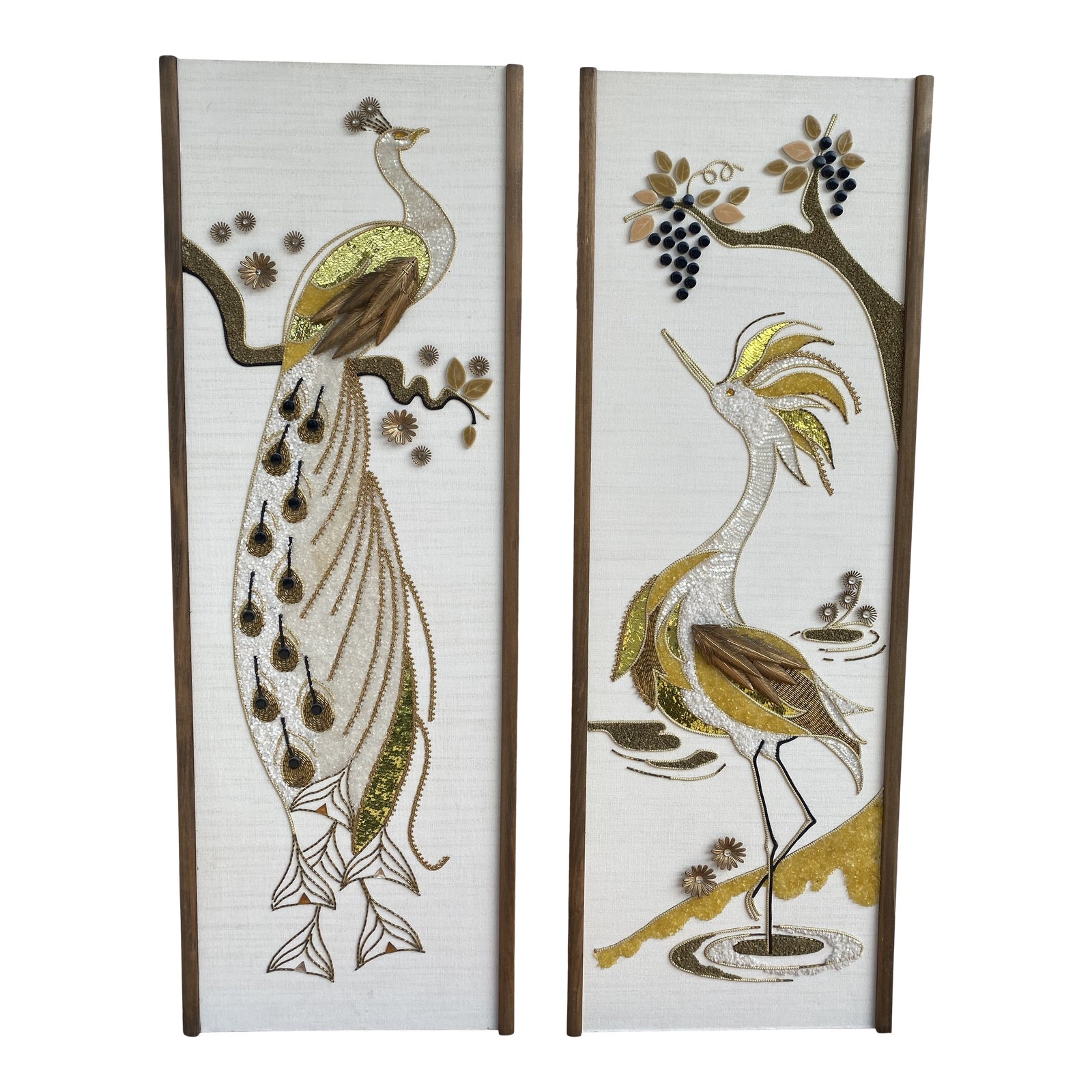 MidCentury 1960s Gravel Art Wall Hanging Panels of Golden Peacock