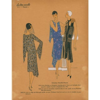 French Art Deco Pochoir Fashion Plate – Three Modern Dresses-1920's For Sale