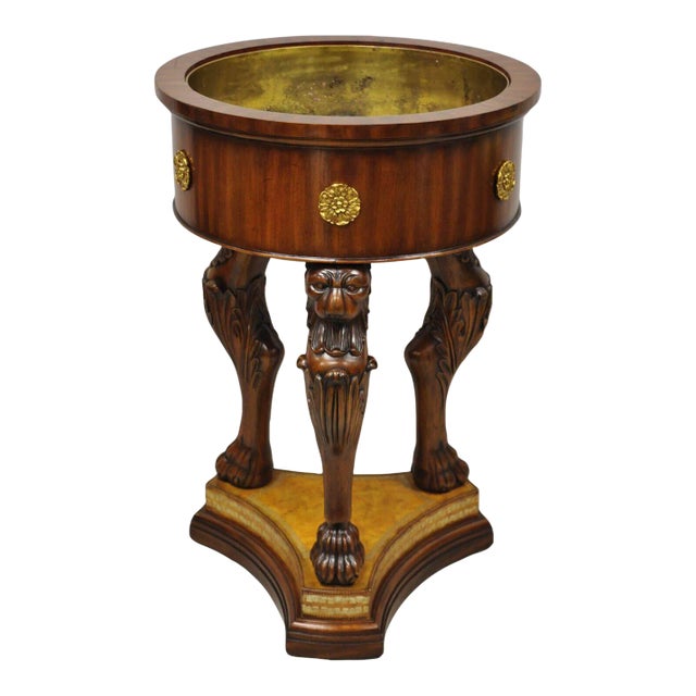 Maitland Smith Regency Style Mahogany Carved Lion Cellaret Planter with Leather Base For Sale