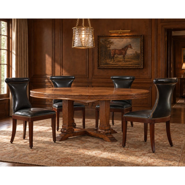 Distinctive set of four regency style leather dining chairs designed by Ralph Lauren. The chairs feature a hardwood frame...