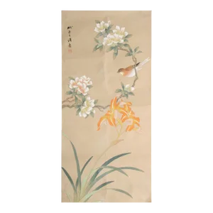 Post-1940 Showa Japanese Silk Scroll "Rosefinch and Camellias"