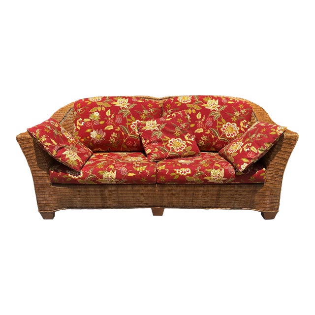 Modern Wicker Hump Back Red Floral Upholstered Loveseat For Sale
