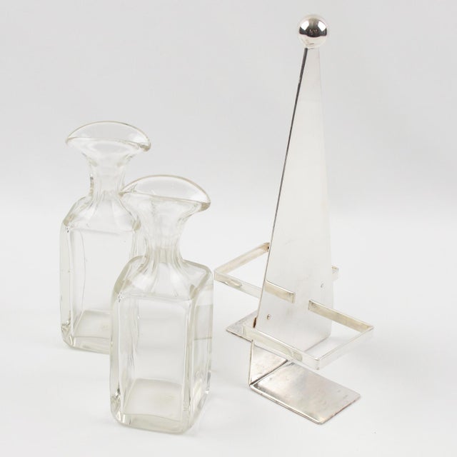Metal Modernist Art Deco Silver Plate and Crystal Cruet Server For Sale - Image 7 of 10