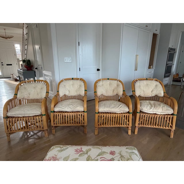 Bielecky Brothers Set of 4 Bielecky Brothers Rattan Lounge Chairs With Ottoman- New York, Circa 1990 For Sale - Image 4 of 9