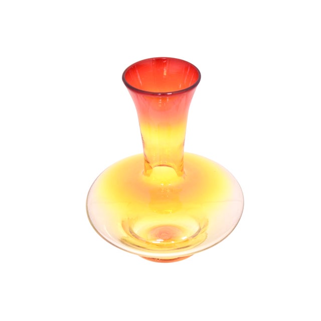 Vintage blown glass Mid Century Modern vase in graduated sunset sunrise colors from light amber topaz to deep ruby red....