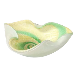 1960s Murano Style Sommerso Triple Cased Green Swirl White Beige Gold Dust Glass Bowl Italy