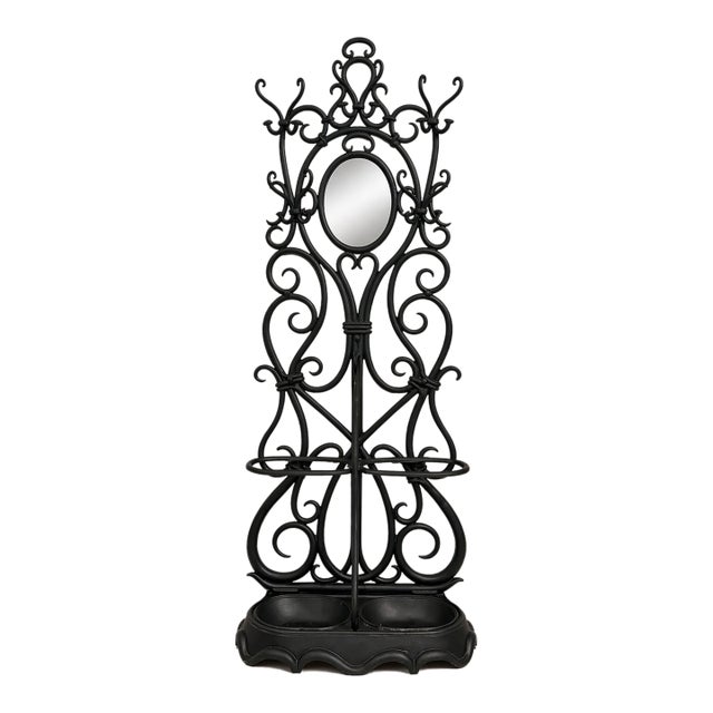 Antique Wrought Iron Hall Tree W/ Mirror For Sale