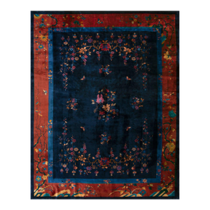 Captivating Navy Bakcground Color With Vibrant Burst of Floral Antique Chinese Art Deco Rug