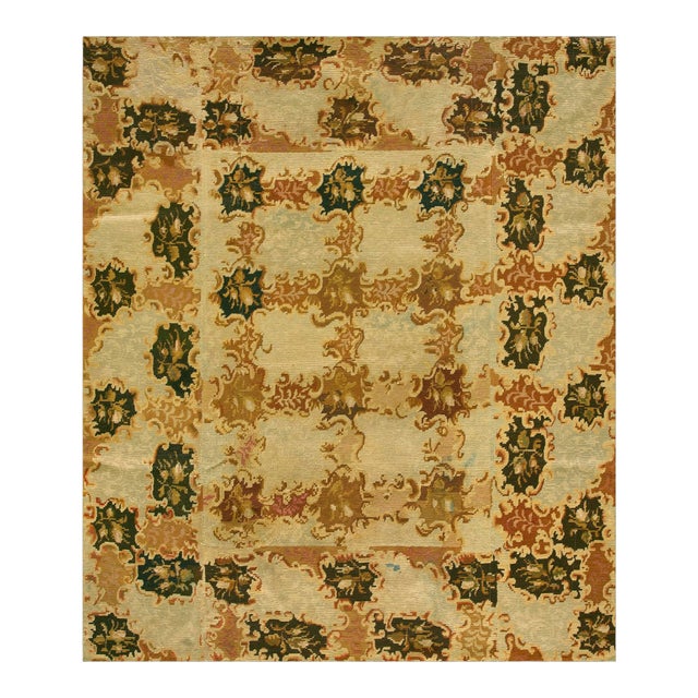 1890s Camel Floral Antique European English Needlepoint Rug 4'8" X 5'6" Woven Wool Carpet For Sale