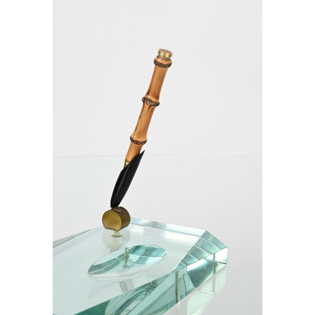 Beveled Nile Green Crystal and Brass Pen Holder attributed to Fontana Arte, Italy, 1950s For Sale - Image 11 of 16