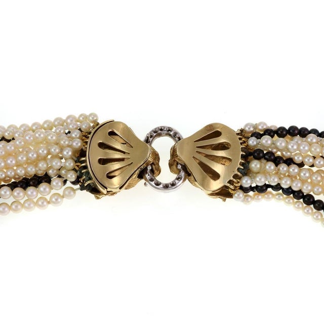 Late 20th Century Estate Diamond Ruby 18k Gold Lion Multi-Strand Pearl Necklace For Sale - Image 5 of 6
