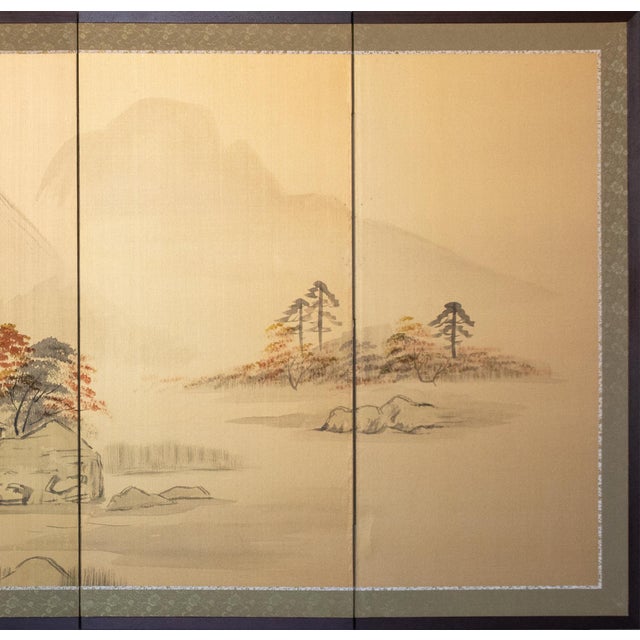 Japanese 1960s Shōwa Era Japanese Silk Byobu Screen "Mountain Landscape With Houses" For Sale - Image 3 of 17