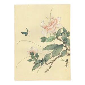 Mid-Century Chinese Botanical-Rose With Butterfly on Silk