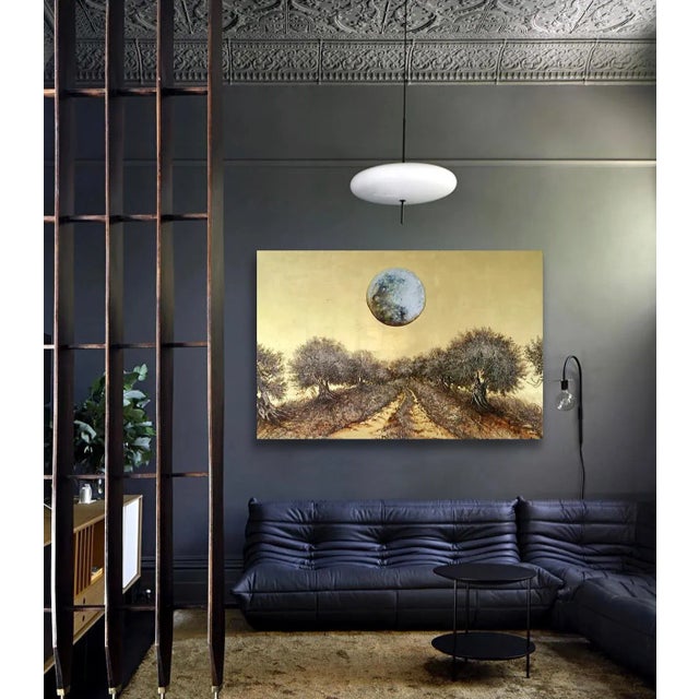 "moonlight walking" is a stunning, elegant painting depicting a pattern of trees, like an olive grove, and a dramatic full...