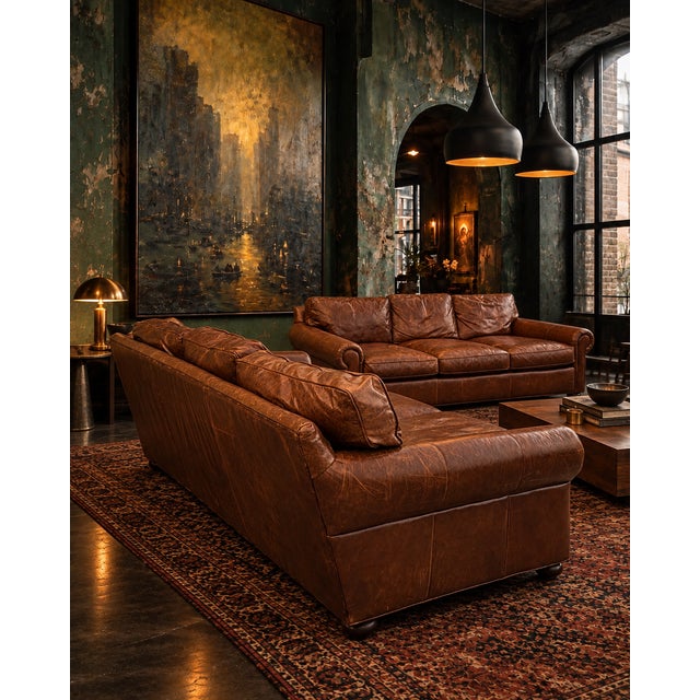 Animal Skin Vintage Cognac Leather 3-Seater Sofas, Pair For Sale - Image 7 of 17