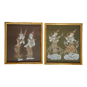 Vintage Thai Painted Silk Framed Art-A Pair