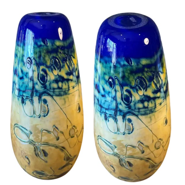 Abstract Textural Art Glass Amber Blue Ovoid Vase For Sale - Image 14 of 17