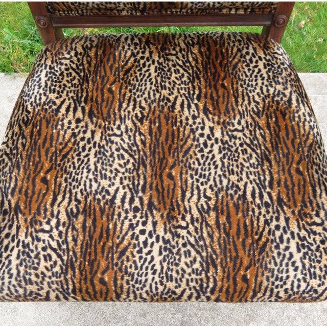 Early 20th Century Antique Carved Wood Spanish Revival Arm Throne Chair W/ Leopard Tiger Jungle Cat Velvet Upholstery For Sale - Image 5 of 17