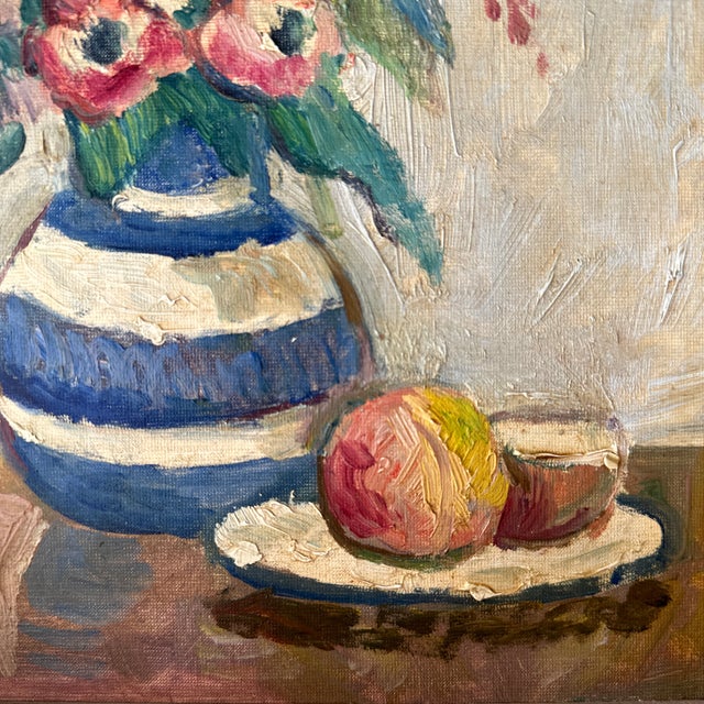 Circa 1950-60s original oil painting in plaster gesso frame. Still life of floral arrangement including a variety of...