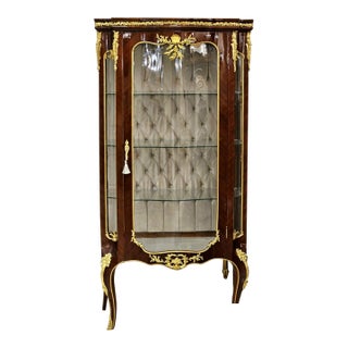 Grand French Louis XV Display Vitrine – Solid Wood Curio Cabinet With Gilded Inlay & Glass Shelves For Sale