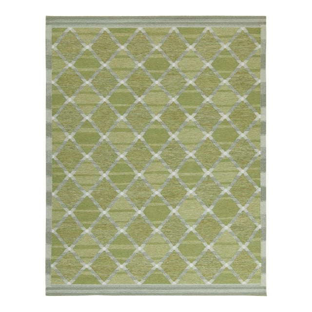 Rug & Kilim’s Scandinavian Style Custom Kilim in Green and Gray Lattice Pattern - 5x7 For Sale