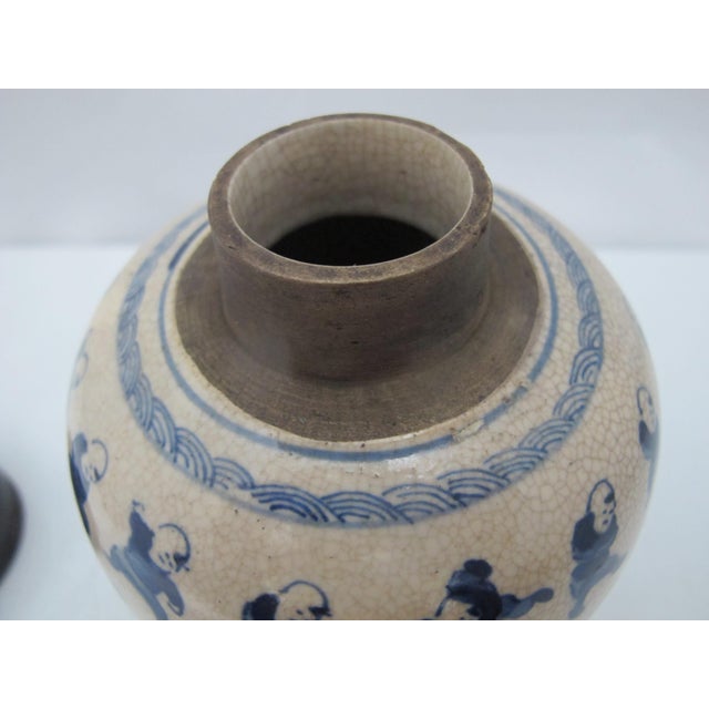 Chinese Qing 100 Boys Blue Porcelain Ginger Jar Snuff Bottle W/Carved Wood Lid For Sale In Portland, OR - Image 6 of 11