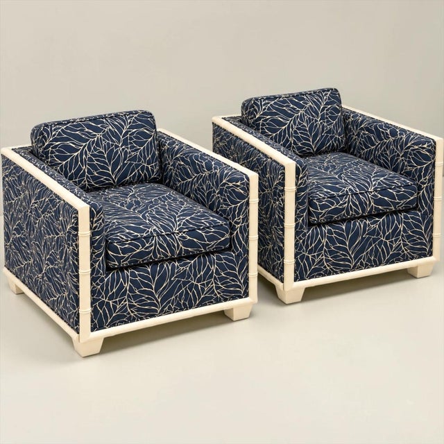 Wood Hollywood Regency Era Navy Blue Faux Bamboo Banana Leaf Club Chairs, Pair For Sale - Image 7 of 8