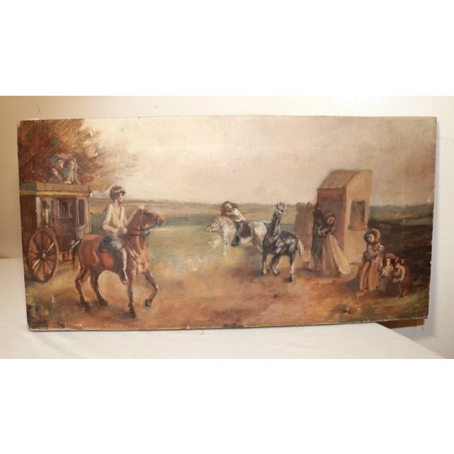 Antique Original Traveling Horse Back Carriage Stylized Oil Painting on Canvas For Sale - Image 10 of 10