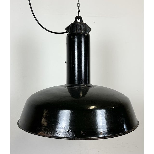 Paint Industrial Black Enamel Factory Pendant Lamp with Iron Top, 1950s For Sale - Image 7 of 18