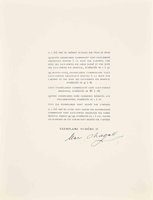 Marc Chagall, Colophon for La Fontaine's Fables, 1952, Etching