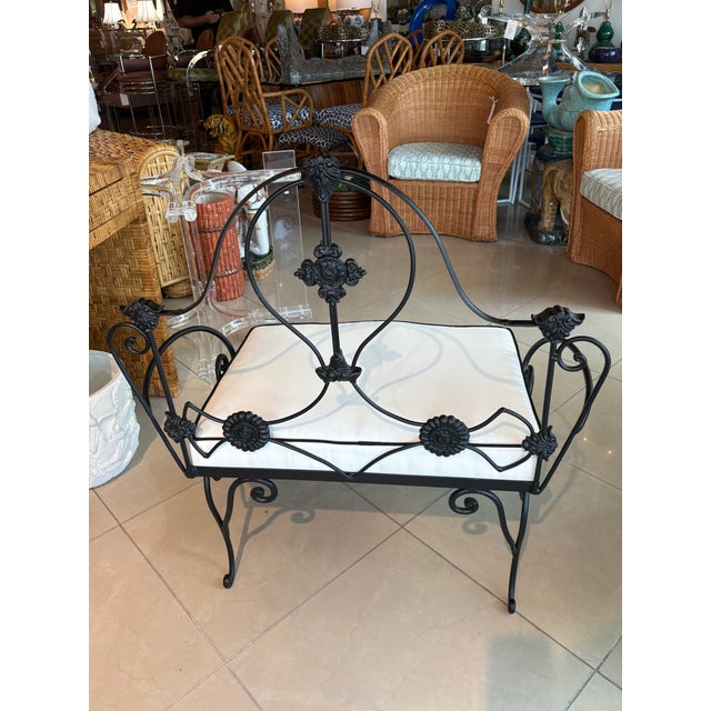 1960s Vintage Wrought Iron Garden Patio Bench Stool Newly Upholstered Powder-Coated For Sale - Image 5 of 12