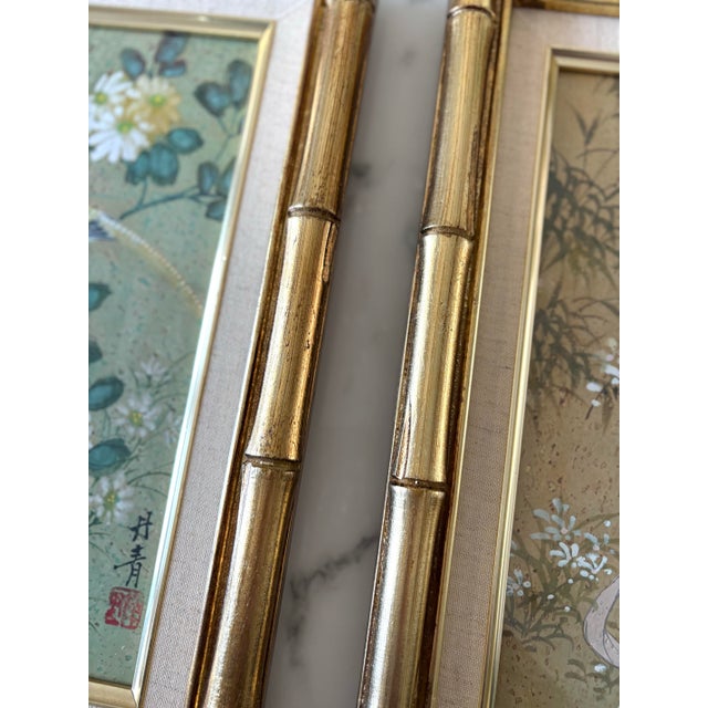 Ornamental & Decorative Materials Chinoiserie Floral Gold Faux Bamboo Wood Framed Artwork- A Pair For Sale - Image 7 of 10