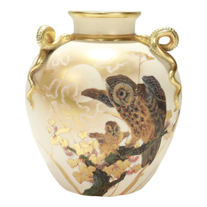 Antique Royal Worcester Aesthetic Period Gilt Porcelain Snake Handled Owl Vase