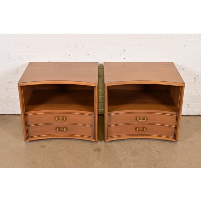Mid-Century Modern A Pair of Paul Frankl for Johnson Furniture Mid-Century Modern Concave Walnut Nightstands, Circa 1950s For Sale - Image 3 of 14