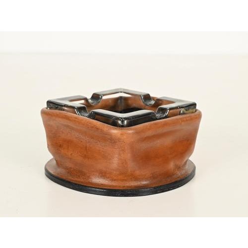 Glass Curved Leather and Crystal Ashtray by Jacques Adnet, Italy, 1950s For Sale - Image 7 of 12