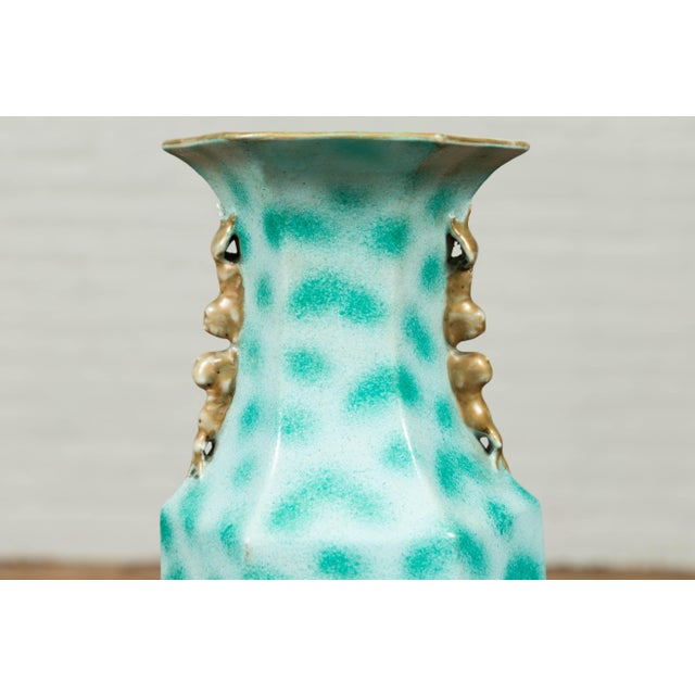 Vintage Chinese Turquoise Vase with Spotted Design and Hexagonal Neck For Sale - Image 4 of 10