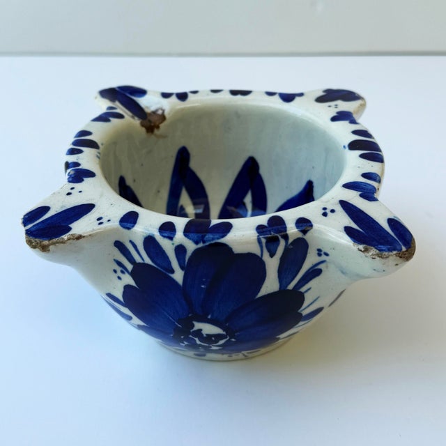 Antique French Hand-Painted Stoneware Mortar – Blue & White Pottery – Early 20th Century For Sale - Image 4 of 8