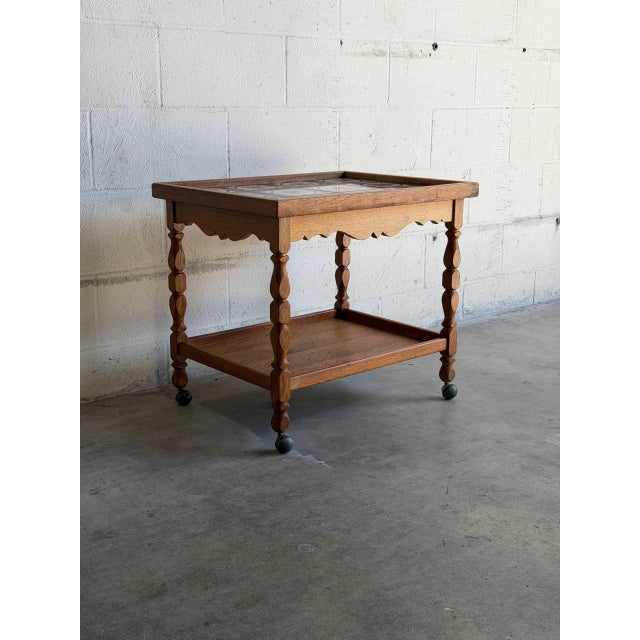 Oak Rolling Bar Cart Patterned Tile Top Serving Tea Trolley in Style of Henning Kjaernulf Denmark 1960s For Sale - Image 4 of 9